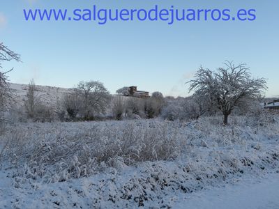Al fondo, la iglesia. En primer plano, los huertos de abajo en enero.
